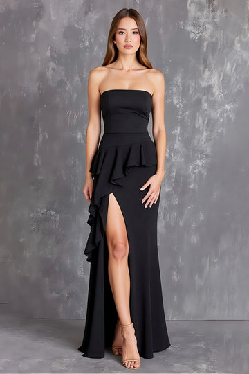 Black Strapless Ruffled Long Formal Dress with Slit